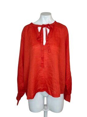 MASAI Dortea 100% Linen Tie Neck Long Sleeve Top, Orange, Oversize Small